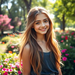 A beautiful teenage girl with long, flowing hair, bright eyes, and an enchanting smile