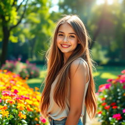 A beautiful teenage girl with long, flowing hair, bright eyes, and an enchanting smile