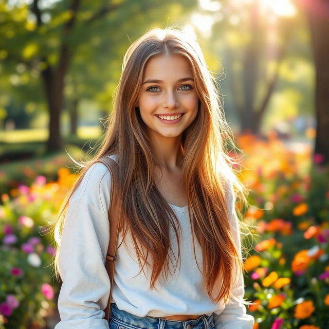 A beautiful teenage girl with long, flowing hair, bright eyes, and an enchanting smile