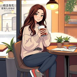 A teenage girl sitting at a cozy cafe, sipping a hot chocolate