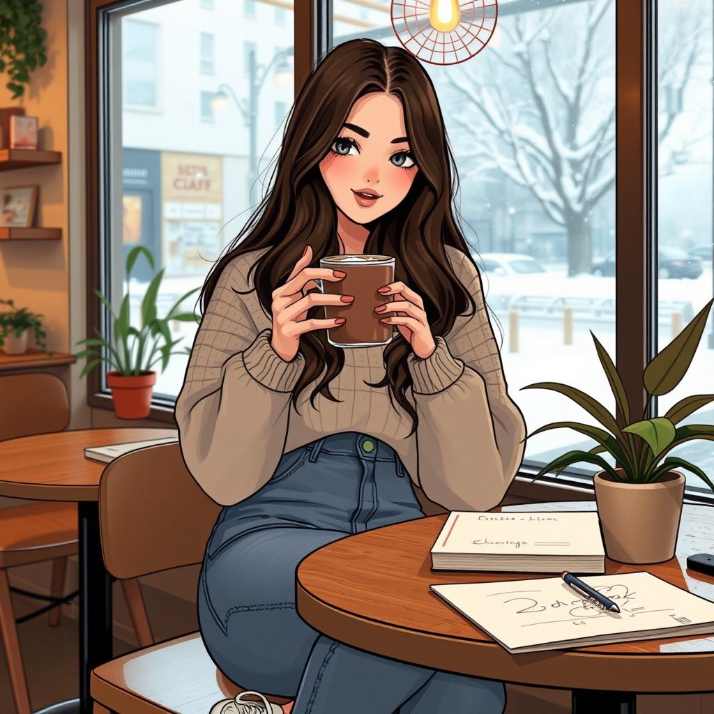 A teenage girl sitting at a cozy cafe, sipping a hot chocolate