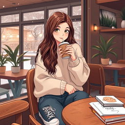 A teenage girl sitting at a cozy cafe, sipping a hot chocolate