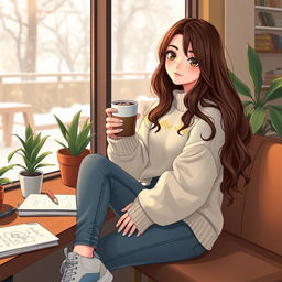 A teenage girl sitting at a cozy cafe, sipping a hot chocolate
