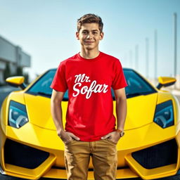 A confident teenage boy standing in front of a sleek yellow Lamborghini