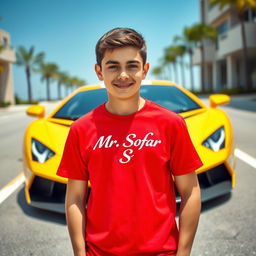 A confident teenage boy standing in front of a sleek yellow Lamborghini