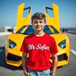 A confident teenage boy standing in front of a sleek yellow Lamborghini