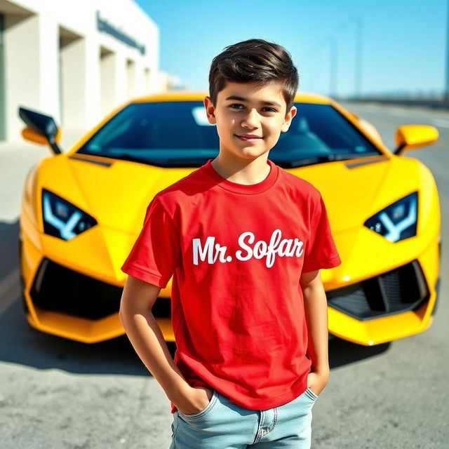 A confident teenage boy standing in front of a sleek yellow Lamborghini