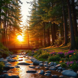 A tranquil forest scene during sunset, with warm golden light filtering through the leaves of tall, lush green trees