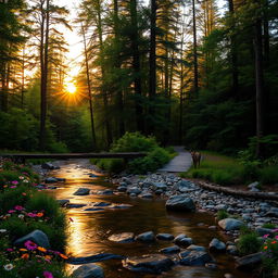 A tranquil forest scene during sunset, with warm golden light filtering through the leaves of tall, lush green trees