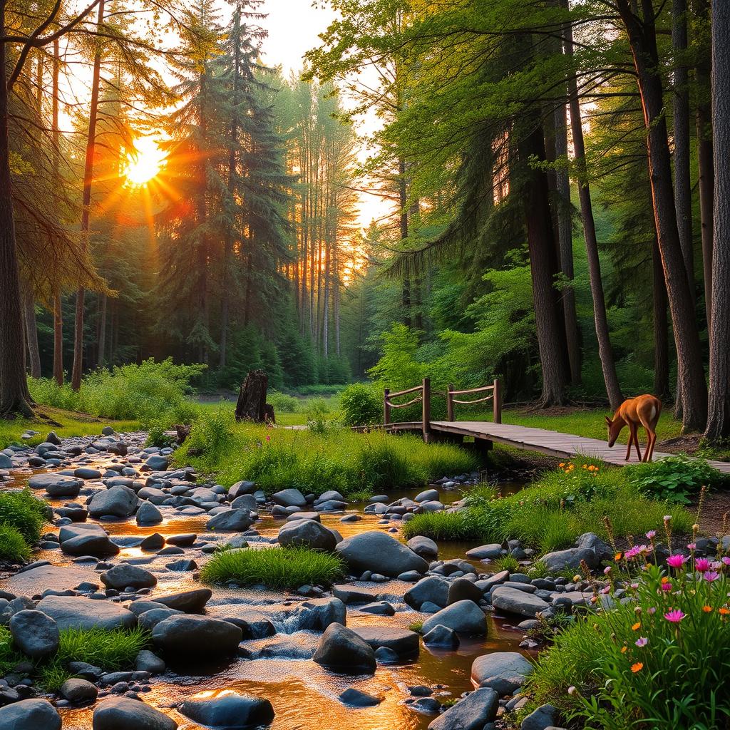 A tranquil forest scene during sunset, with warm golden light filtering through the leaves of tall, lush green trees