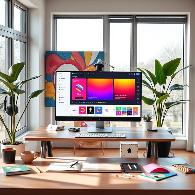 A sleek, modern digital workspace featuring a vibrant interface of Canva AI with various design tools on display, including templates, color palettes, and customizable elements