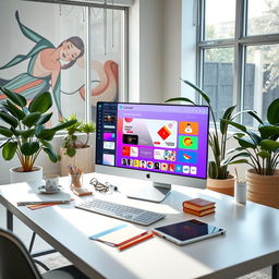A sleek, modern digital workspace featuring a vibrant interface of Canva AI with various design tools on display, including templates, color palettes, and customizable elements