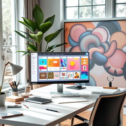 A sleek, modern digital workspace featuring a vibrant interface of Canva AI with various design tools on display, including templates, color palettes, and customizable elements