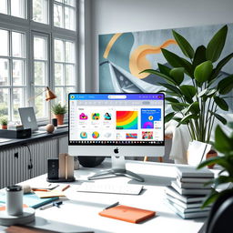 A sleek, modern digital workspace featuring a vibrant interface of Canva AI with various design tools on display, including templates, color palettes, and customizable elements