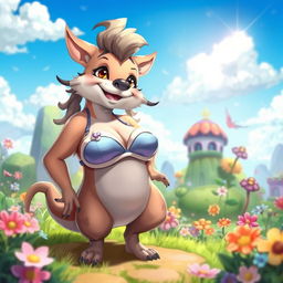 A whimsical and fantastical character design featuring a creature with exaggerated features, with large cartoonish breasts wearing a cute, colorful bra