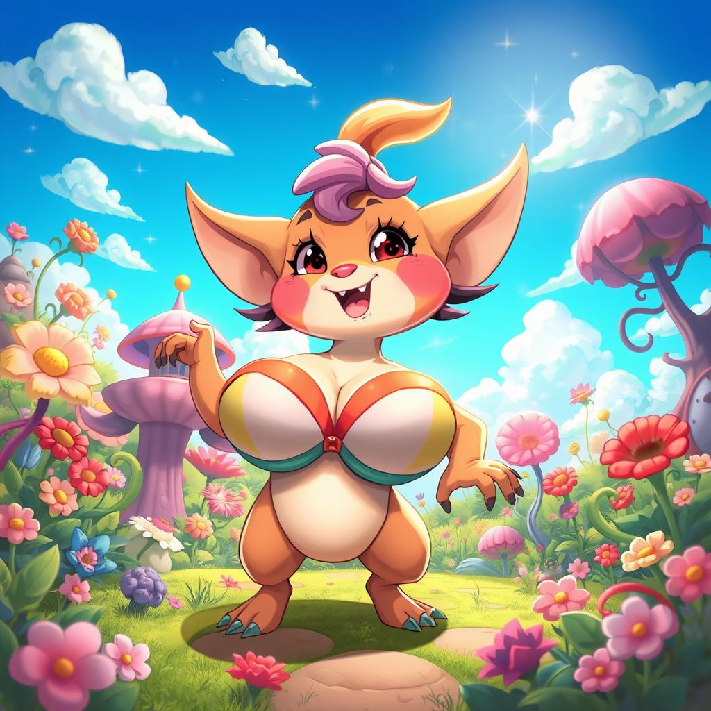 A whimsical and fantastical character design featuring a creature with exaggerated features, with large cartoonish breasts wearing a cute, colorful bra