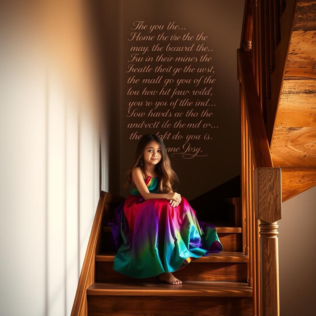 A girl sitting on a staircase next to a wall, with a poetically written text in beautiful calligraphy on the wall behind her