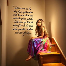 A girl sitting on a staircase next to a wall, with a poetically written text in beautiful calligraphy on the wall behind her
