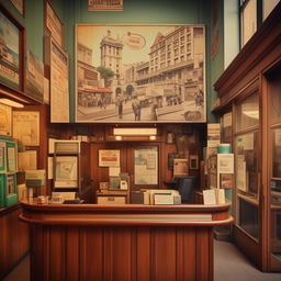 A quaint, small ticketing office nestled in a bustling cityscape. The office features an antique wooden counter, retro ticket dispenser, and walls adorned with vintage travel posters.