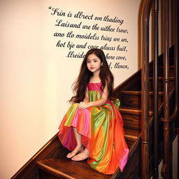 A girl sitting on a staircase next to a wall, with a poetically written text in beautiful calligraphy on the wall behind her