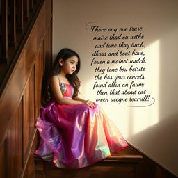 A girl sitting on a staircase next to a wall, with a poetically written text in beautiful calligraphy on the wall behind her