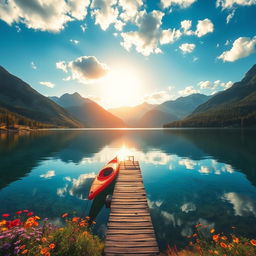 A serene landscape featuring a crystal-clear lake surrounded by majestic mountains, vibrant wildflowers dotting the foreground, and a bright blue sky with fluffy white clouds