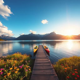 A serene landscape featuring a crystal-clear lake surrounded by majestic mountains, vibrant wildflowers dotting the foreground, and a bright blue sky with fluffy white clouds