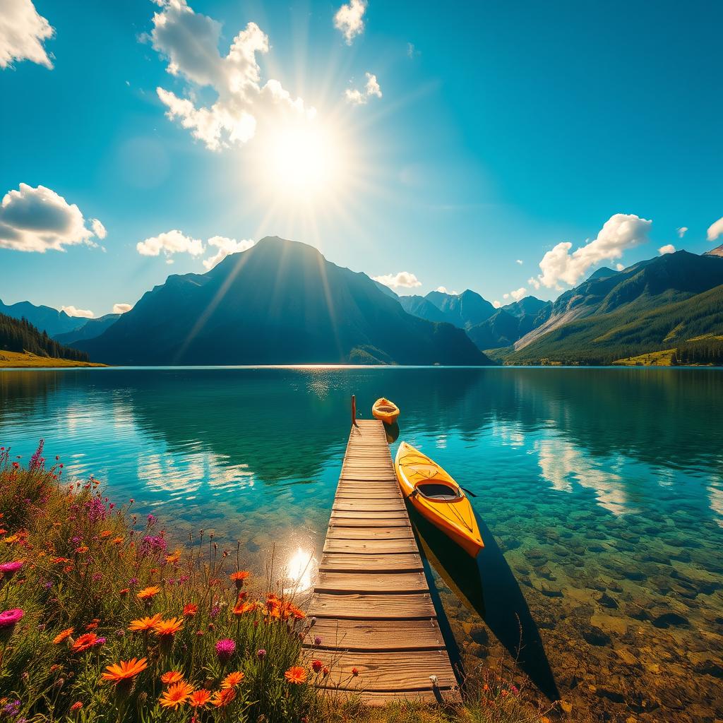 A serene landscape featuring a crystal-clear lake surrounded by majestic mountains, vibrant wildflowers dotting the foreground, and a bright blue sky with fluffy white clouds