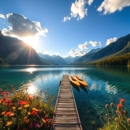 A serene landscape featuring a crystal-clear lake surrounded by majestic mountains, vibrant wildflowers dotting the foreground, and a bright blue sky with fluffy white clouds