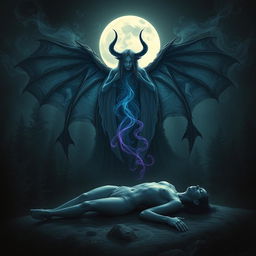 A mysterious spirit that has detached from its physical body, showcasing dark, majestic devil wings