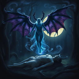A mysterious spirit that has detached from its physical body, showcasing dark, majestic devil wings