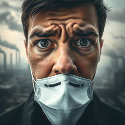 A close-up portrait of a human face showing deep concern while breathing in polluted air