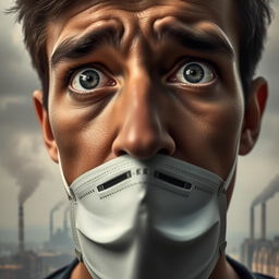 A close-up portrait of a human face showing deep concern while breathing in polluted air