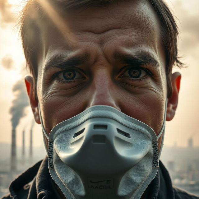 A close-up portrait of a human face showing deep concern while breathing in polluted air