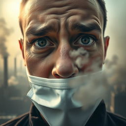 A close-up portrait of a human face showing deep concern while breathing in polluted air