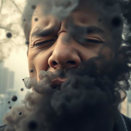 A close-up shot of a human face, deeply inhaling with visible stress and discomfort, surrounded by swirling dark smoke and particles representing polluted air