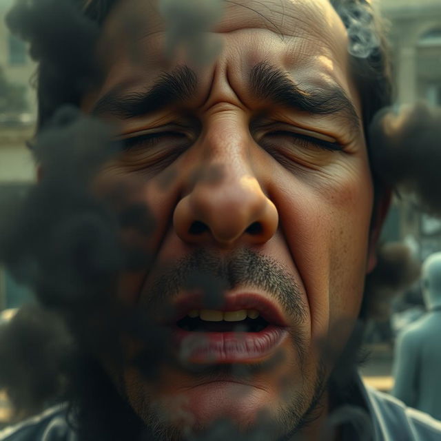 A close-up shot of a human face, deeply inhaling with visible stress and discomfort, surrounded by swirling dark smoke and particles representing polluted air