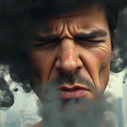 A close-up shot of a human face, deeply inhaling with visible stress and discomfort, surrounded by swirling dark smoke and particles representing polluted air