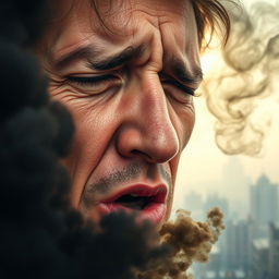 A close-up shot of a human face, deeply inhaling with visible stress and discomfort, surrounded by swirling dark smoke and particles representing polluted air