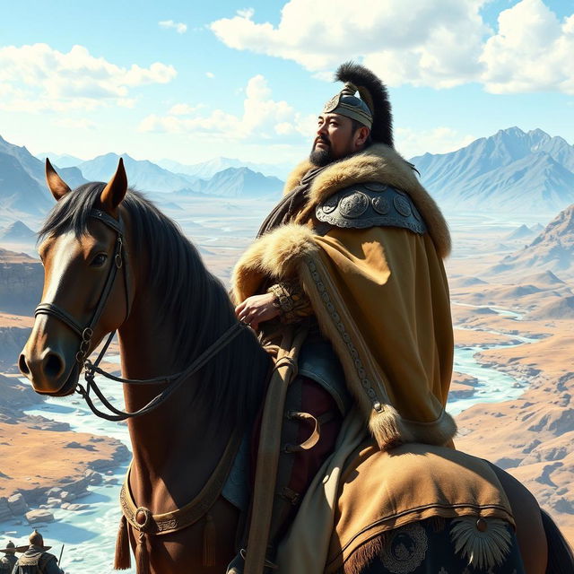 Genghis Khan, the legendary Mongol emperor, sitting atop a majestic horse, his expression contemplative and thoughtful