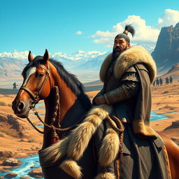 Genghis Khan, the legendary Mongol emperor, sitting atop a majestic horse, his expression contemplative and thoughtful