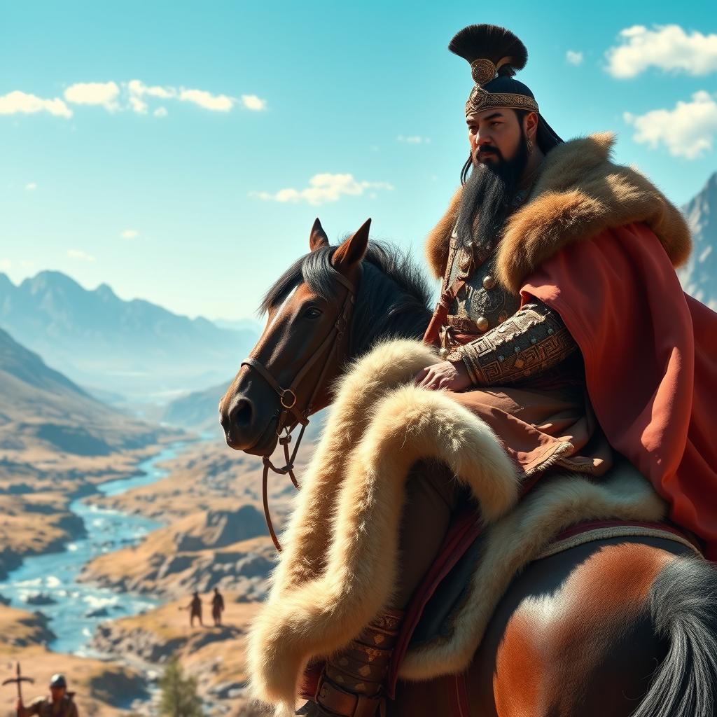 Genghis Khan, the legendary Mongol emperor, sitting atop a majestic horse, his expression contemplative and thoughtful