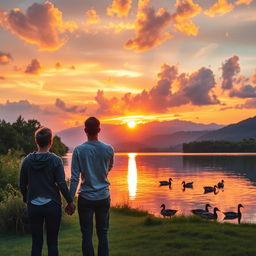 A stunning outdoor scene featuring a vibrant sunset over a tranquil lake, with lush greenery surrounding the water and fluffy clouds painted in shades of orange, pink, and purple