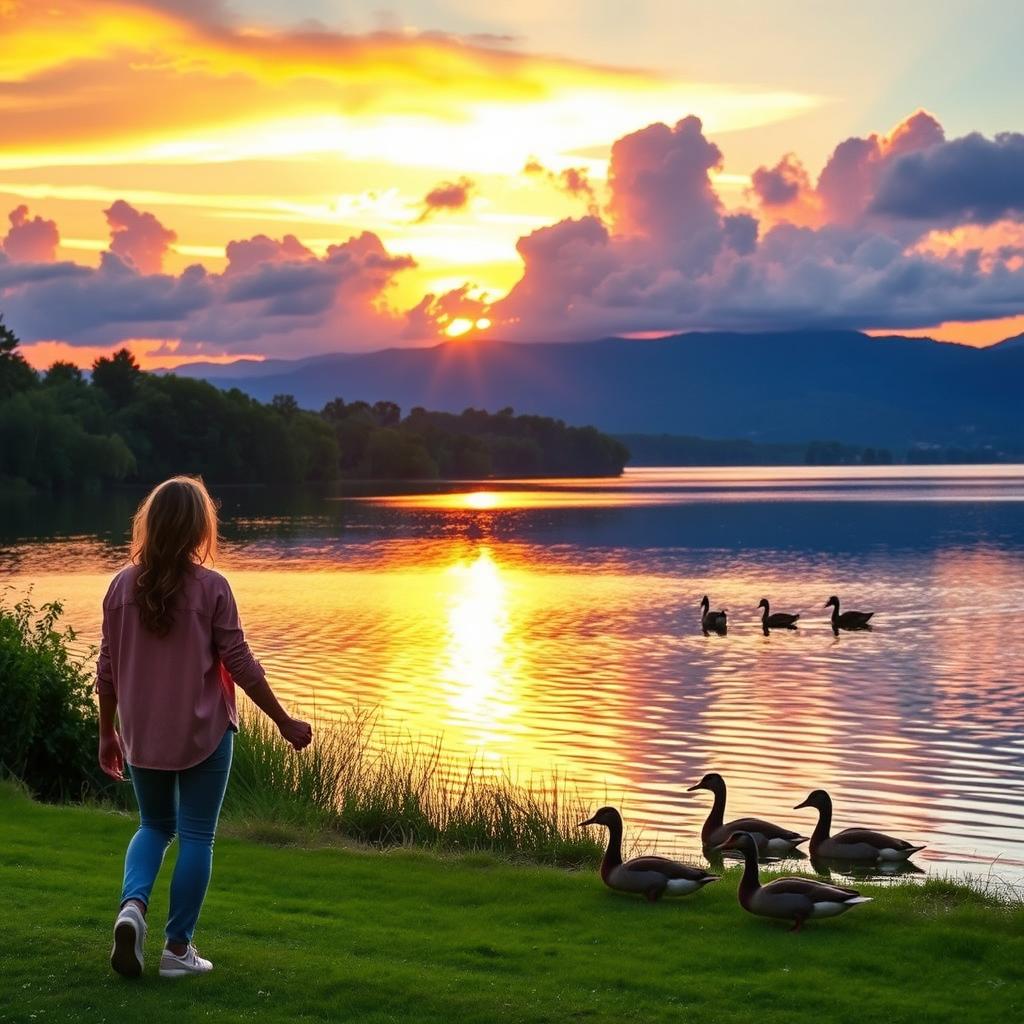 A stunning outdoor scene featuring a vibrant sunset over a tranquil lake, with lush greenery surrounding the water and fluffy clouds painted in shades of orange, pink, and purple
