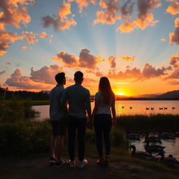 A stunning outdoor scene featuring a vibrant sunset over a tranquil lake, with lush greenery surrounding the water and fluffy clouds painted in shades of orange, pink, and purple