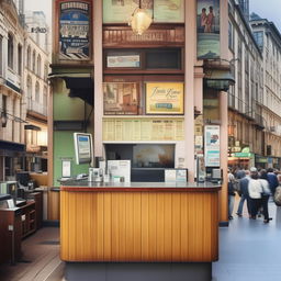 A quaint, small ticketing office nestled in a bustling cityscape. The office features an antique wooden counter, retro ticket dispenser, and walls adorned with vintage travel posters.