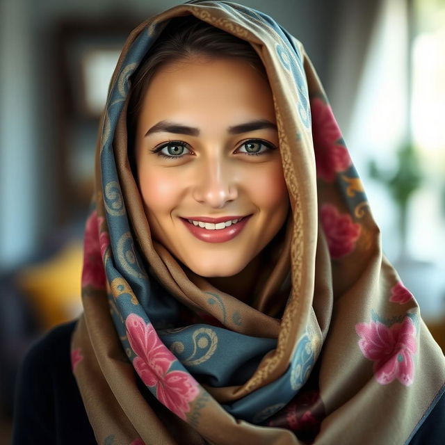A portrait of a woman draped in a colorful scarf elegantly covering her head