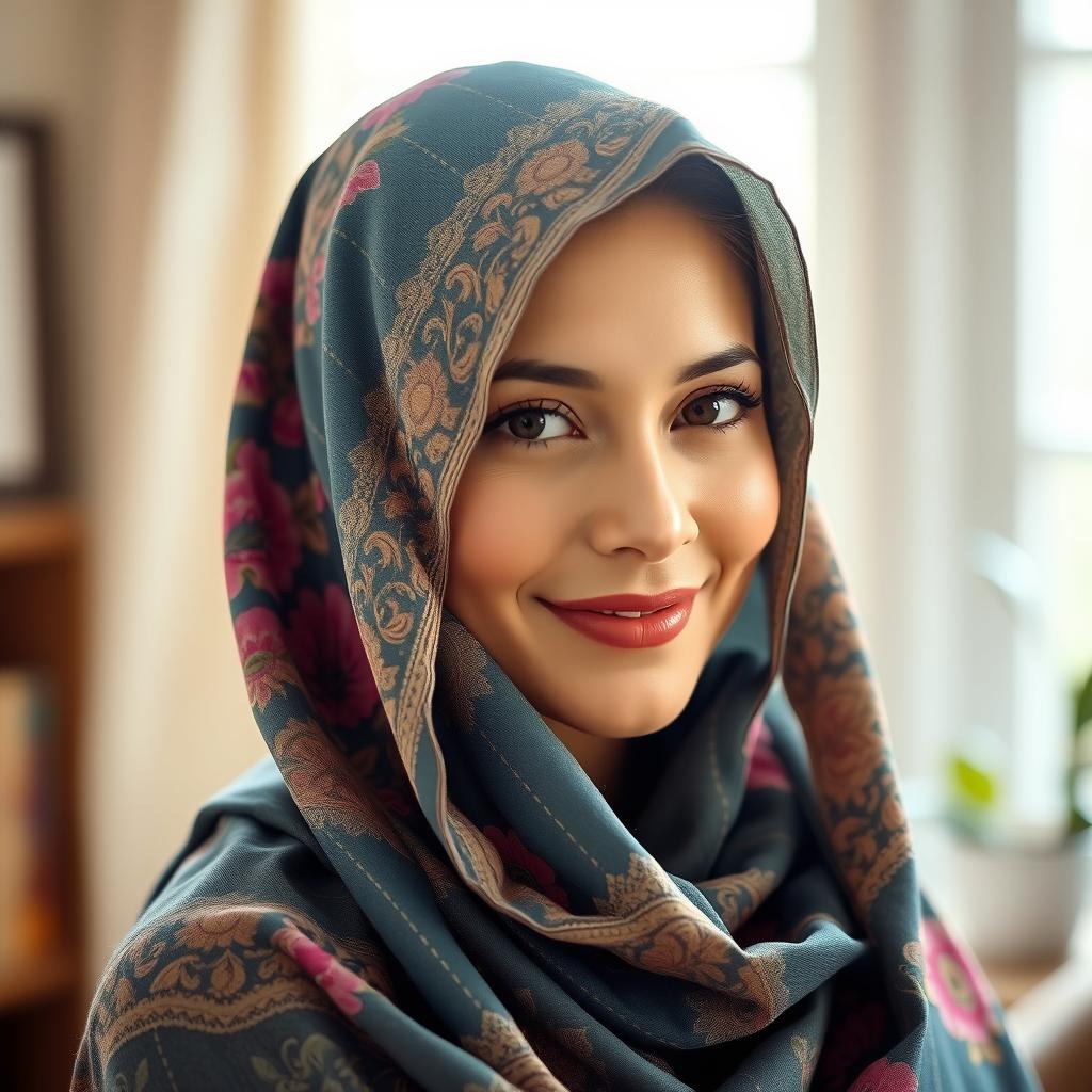 A portrait of a woman draped in a colorful scarf elegantly covering her head
