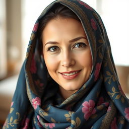 A portrait of a woman draped in a colorful scarf elegantly covering her head