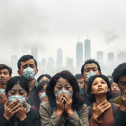 A group of diverse humans, including adults of various ethnicities, depicted in an urban environment, struggling to breathe in heavily polluted air